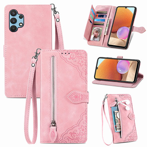 Custodia Portafoglio In Pelle Cover con Supporto S06D per Samsung Galaxy A32 4G Rosa