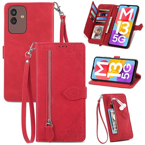 Custodia Portafoglio In Pelle Cover con Supporto S06D per Samsung Galaxy M13 5G Rosso