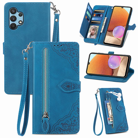 Custodia Portafoglio In Pelle Cover con Supporto S06D per Samsung Galaxy M32 5G Blu