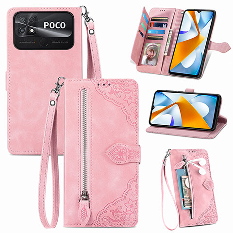 Custodia Portafoglio In Pelle Cover con Supporto S06D per Xiaomi Poco C40 Rosa