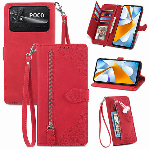 Custodia Portafoglio In Pelle Cover con Supporto S06D per Xiaomi Poco C40 Rosso