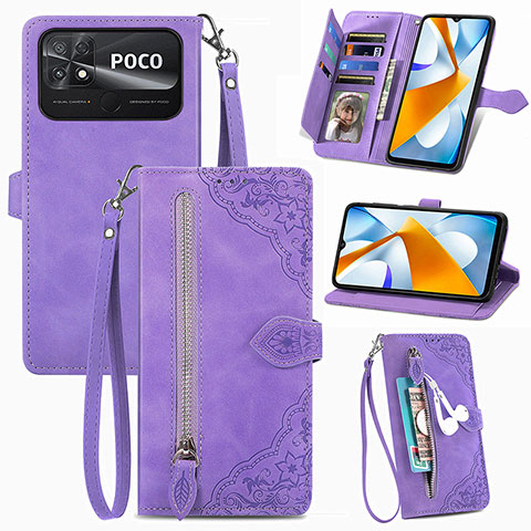 Custodia Portafoglio In Pelle Cover con Supporto S06D per Xiaomi Poco C40 Viola