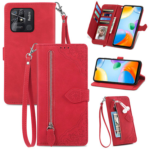 Custodia Portafoglio In Pelle Cover con Supporto S06D per Xiaomi Redmi 10C 4G Rosso