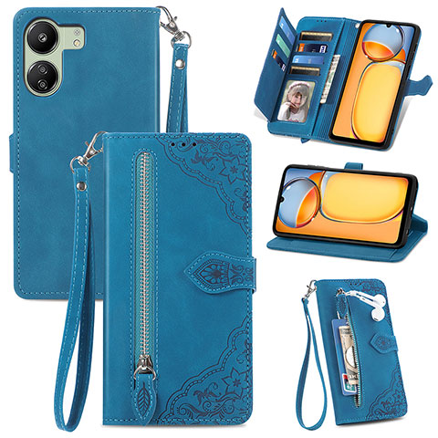 Custodia Portafoglio In Pelle Cover con Supporto S06D per Xiaomi Redmi 13C Blu