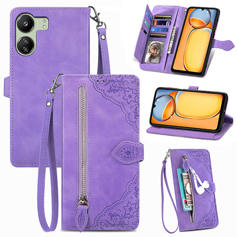 Custodia Portafoglio In Pelle Cover con Supporto S06D per Xiaomi Redmi 13C Viola