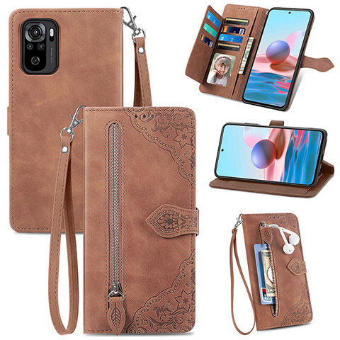 Custodia Portafoglio In Pelle Cover con Supporto S06D per Xiaomi Redmi Note 10 4G Marrone