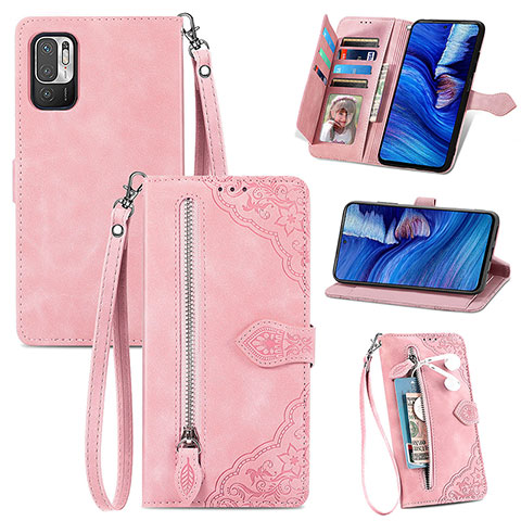 Custodia Portafoglio In Pelle Cover con Supporto S06D per Xiaomi Redmi Note 10 5G Rosa