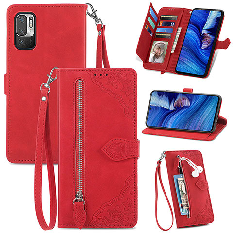 Custodia Portafoglio In Pelle Cover con Supporto S06D per Xiaomi Redmi Note 10 5G Rosso