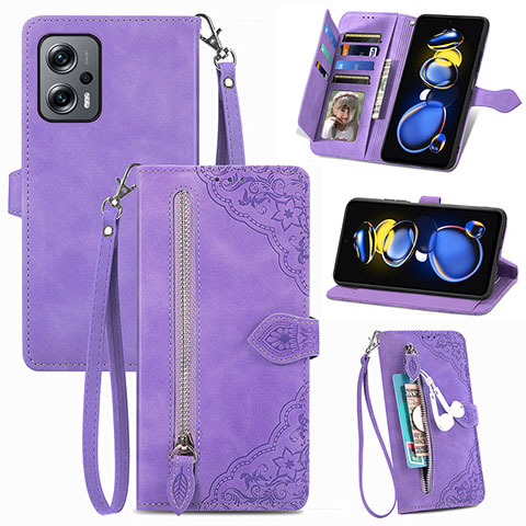 Custodia Portafoglio In Pelle Cover con Supporto S06D per Xiaomi Redmi Note 11T Pro+ Plus 5G Viola