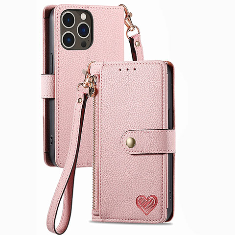 Custodia Portafoglio In Pelle Cover con Supporto S07D per Apple iPhone 15 Pro Rosa