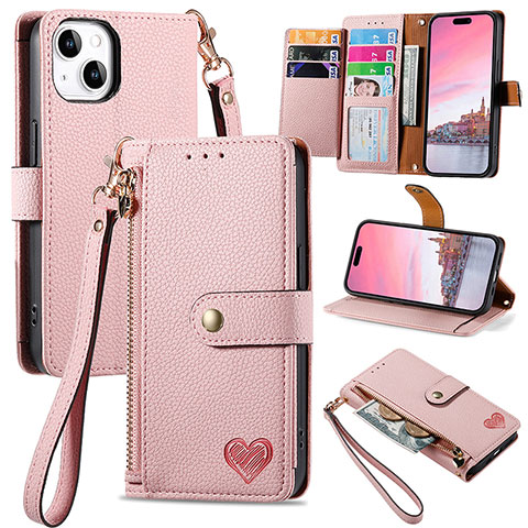 Custodia Portafoglio In Pelle Cover con Supporto S07D per Apple iPhone 15 Rosa