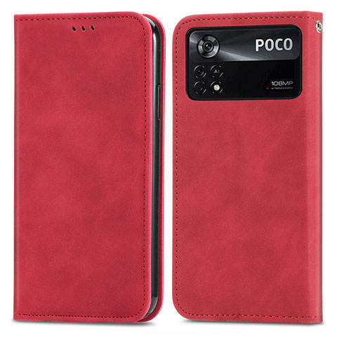 Custodia Portafoglio In Pelle Cover con Supporto S08D per Xiaomi Poco X4 Pro 5G Rosso
