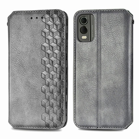 Custodia Portafoglio In Pelle Cover con Supporto S09D per Nokia C32 Grigio