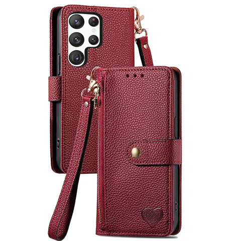 Custodia Portafoglio In Pelle Cover con Supporto S15D per Samsung Galaxy S22 Ultra 5G Rosso