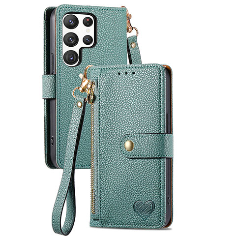 Custodia Portafoglio In Pelle Cover con Supporto S15D per Samsung Galaxy S22 Ultra 5G Verde