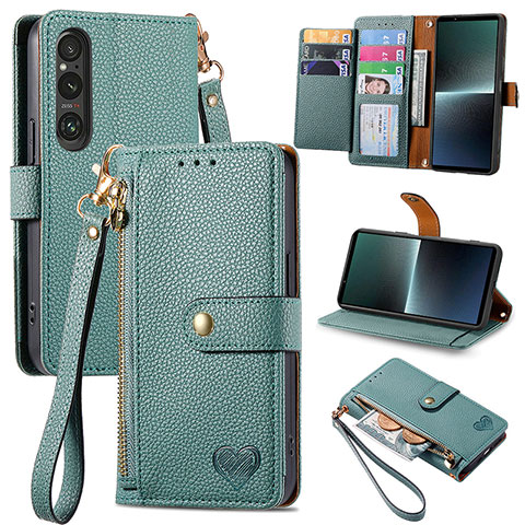 Custodia Portafoglio In Pelle Cover con Supporto S15D per Sony Xperia 1 V Verde