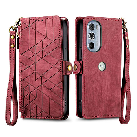 Custodia Portafoglio In Pelle Cover con Supporto S17D per Motorola Moto Edge Plus (2022) 5G Rosso