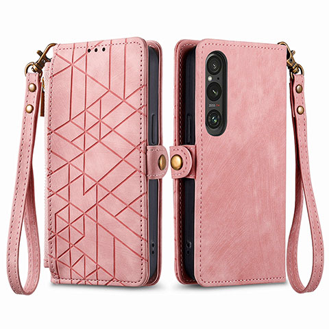 Custodia Portafoglio In Pelle Cover con Supporto S17D per Sony Xperia 1 V Rosa