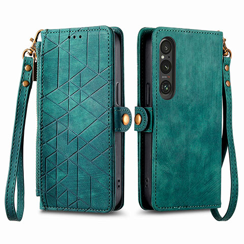 Custodia Portafoglio In Pelle Cover con Supporto S17D per Sony Xperia 1 V Verde