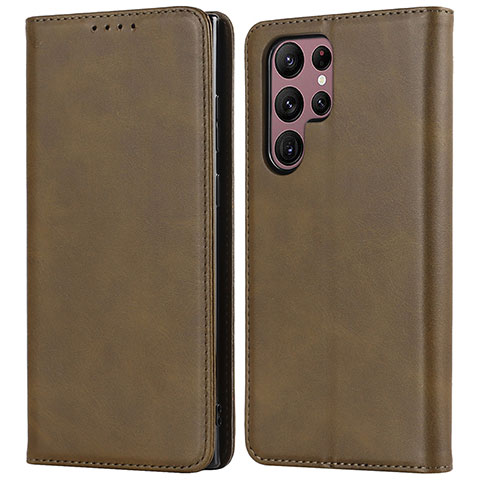 Custodia Portafoglio In Pelle Cover con Supporto T04D per Samsung Galaxy S22 Ultra 5G Khaki