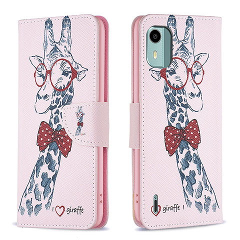 Custodia Portafoglio In Pelle Fantasia Modello Cover con Supporto B01F per Nokia C12 Rosa