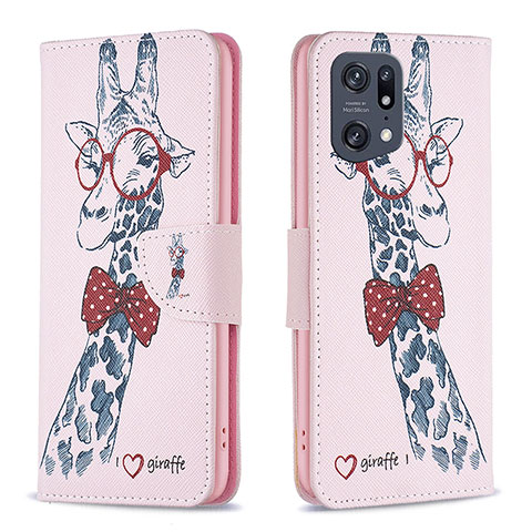 Custodia Portafoglio In Pelle Fantasia Modello Cover con Supporto B01F per Oppo Find X5 Pro 5G Rosa