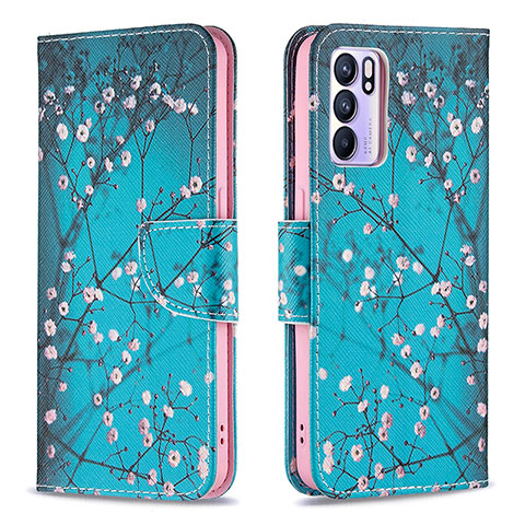 Custodia Portafoglio In Pelle Fantasia Modello Cover con Supporto B01F per Oppo Reno6 5G Ciano