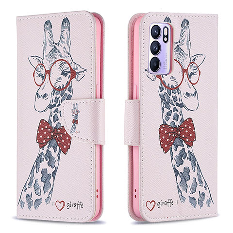 Custodia Portafoglio In Pelle Fantasia Modello Cover con Supporto B01F per Oppo Reno6 5G Rosa