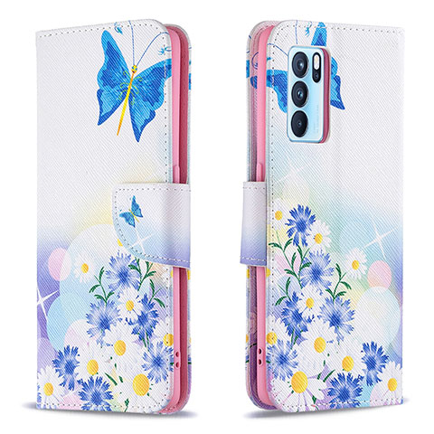 Custodia Portafoglio In Pelle Fantasia Modello Cover con Supporto B01F per Oppo Reno6 Pro 5G India Blu