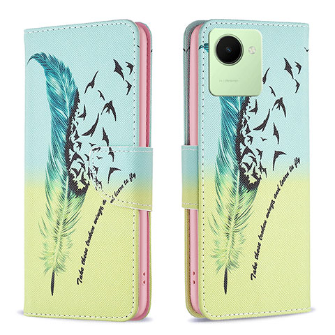 Custodia Portafoglio In Pelle Fantasia Modello Cover con Supporto B01F per Realme C30 Verde Pastello