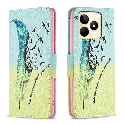 Custodia Portafoglio In Pelle Fantasia Modello Cover con Supporto B01F per Realme C53 India Verde Pastello