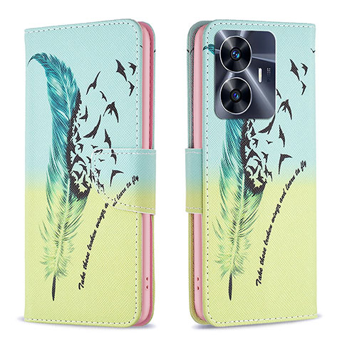 Custodia Portafoglio In Pelle Fantasia Modello Cover con Supporto B01F per Realme C55 Verde Pastello