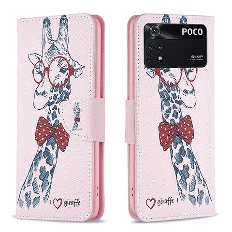 Custodia Portafoglio In Pelle Fantasia Modello Cover con Supporto B01F per Xiaomi Poco M4 Pro 4G Rosa