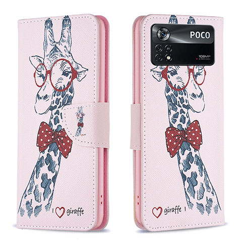 Custodia Portafoglio In Pelle Fantasia Modello Cover con Supporto B01F per Xiaomi Poco X4 Pro 5G Rosa