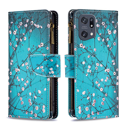 Custodia Portafoglio In Pelle Fantasia Modello Cover con Supporto B04F per Oppo Find X5 Pro 5G Ciano