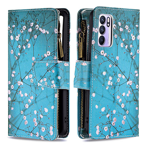 Custodia Portafoglio In Pelle Fantasia Modello Cover con Supporto B04F per Oppo Reno6 5G Ciano