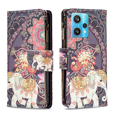 Custodia Portafoglio In Pelle Fantasia Modello Cover con Supporto B04F per Realme 9 Pro+ Plus 5G Marrone