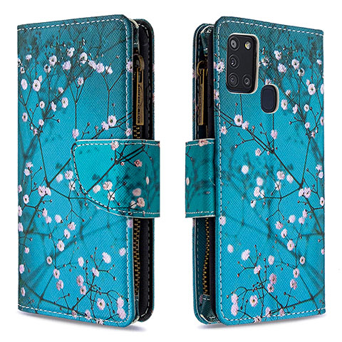 Custodia Portafoglio In Pelle Fantasia Modello Cover con Supporto B04F per Samsung Galaxy A21s Ciano