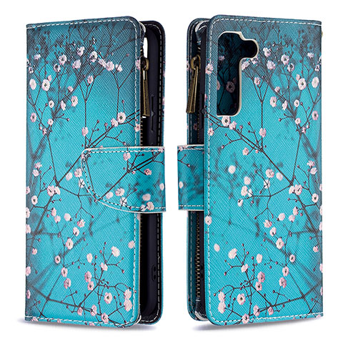 Custodia Portafoglio In Pelle Fantasia Modello Cover con Supporto B04F per Samsung Galaxy S21 5G Ciano