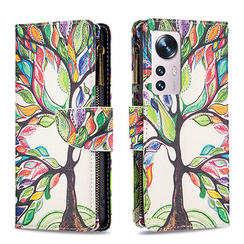 Custodia Portafoglio In Pelle Fantasia Modello Cover con Supporto B04F per Xiaomi Mi 12 Pro 5G Verde Pastello