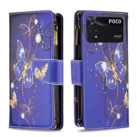 Custodia Portafoglio In Pelle Fantasia Modello Cover con Supporto B04F per Xiaomi Poco M4 Pro 4G Blu Notte