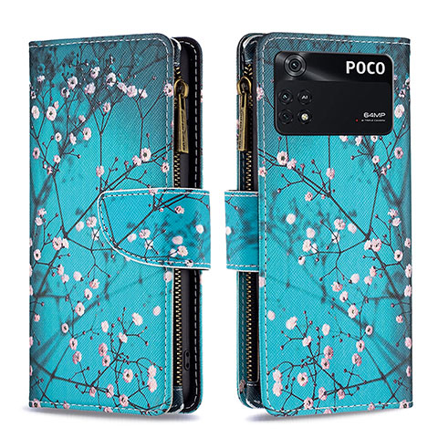 Custodia Portafoglio In Pelle Fantasia Modello Cover con Supporto B04F per Xiaomi Poco M4 Pro 4G Ciano