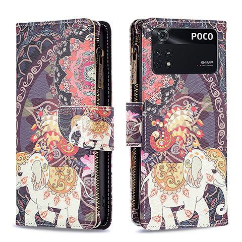 Custodia Portafoglio In Pelle Fantasia Modello Cover con Supporto B04F per Xiaomi Poco M4 Pro 4G Marrone