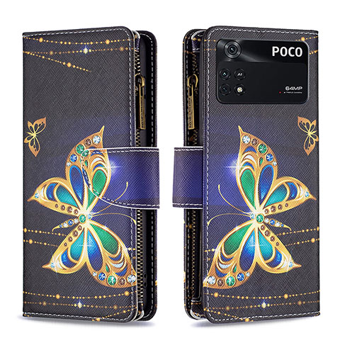 Custodia Portafoglio In Pelle Fantasia Modello Cover con Supporto B04F per Xiaomi Poco M4 Pro 4G Nero