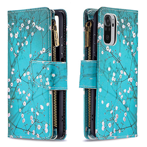 Custodia Portafoglio In Pelle Fantasia Modello Cover con Supporto B04F per Xiaomi Redmi Note 10 4G Ciano