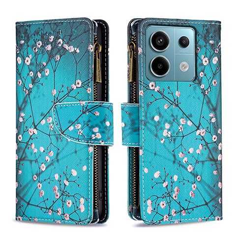 Custodia Portafoglio In Pelle Fantasia Modello Cover con Supporto B04F per Xiaomi Redmi Note 13 Pro 5G Ciano