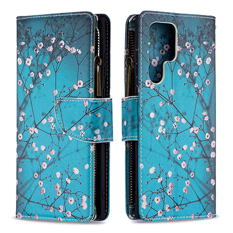 Custodia Portafoglio In Pelle Fantasia Modello Cover con Supporto B05F per Samsung Galaxy S22 Ultra 5G Ciano