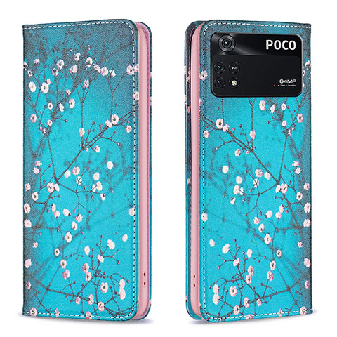 Custodia Portafoglio In Pelle Fantasia Modello Cover con Supporto B05F per Xiaomi Poco M4 Pro 4G Ciano