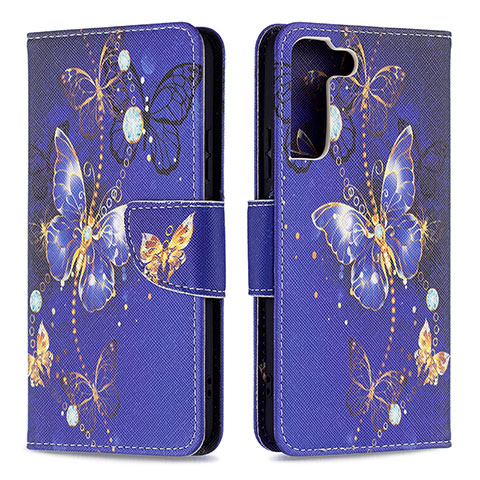 Custodia Portafoglio In Pelle Fantasia Modello Cover con Supporto B09F per Samsung Galaxy S21 Plus 5G Blu Notte