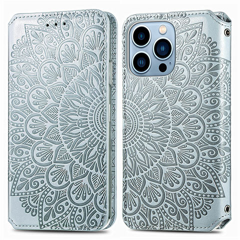 Custodia Portafoglio In Pelle Fantasia Modello Cover con Supporto H01 per Apple iPhone 14 Pro Argento